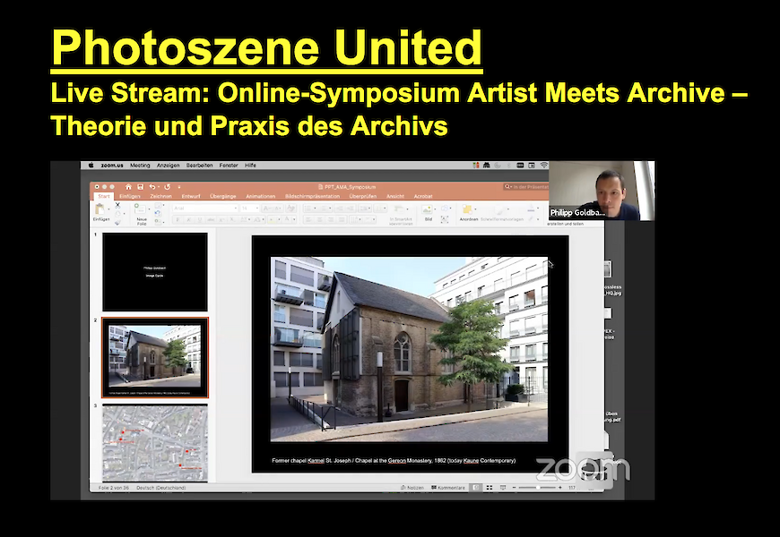 Screenshot von Zoom mit einer Präsentation. Titel: Photoszene United. Live-Stream