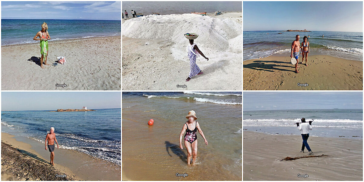 6 Screenshots von Google Street View, auf denen Menschen am Strand zu sehen sind.