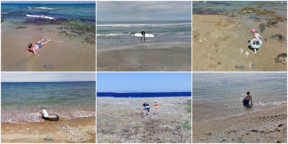 6 Screenshots von Google Street View, auf denen Menschen am Strand zu sehen sind.